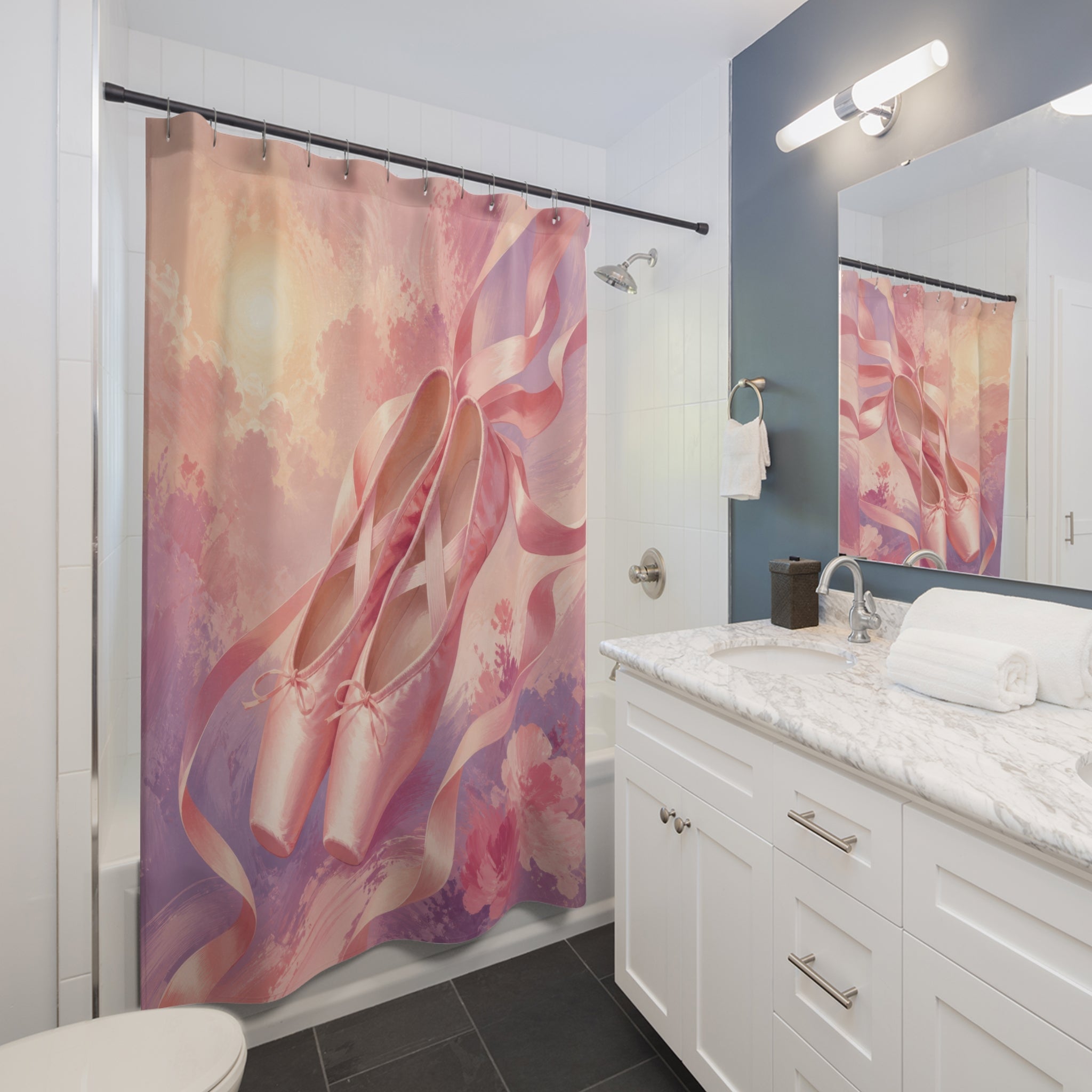 Blush ballet pointe shoes floating through pastel clouds shower curtain beside a white vanity
