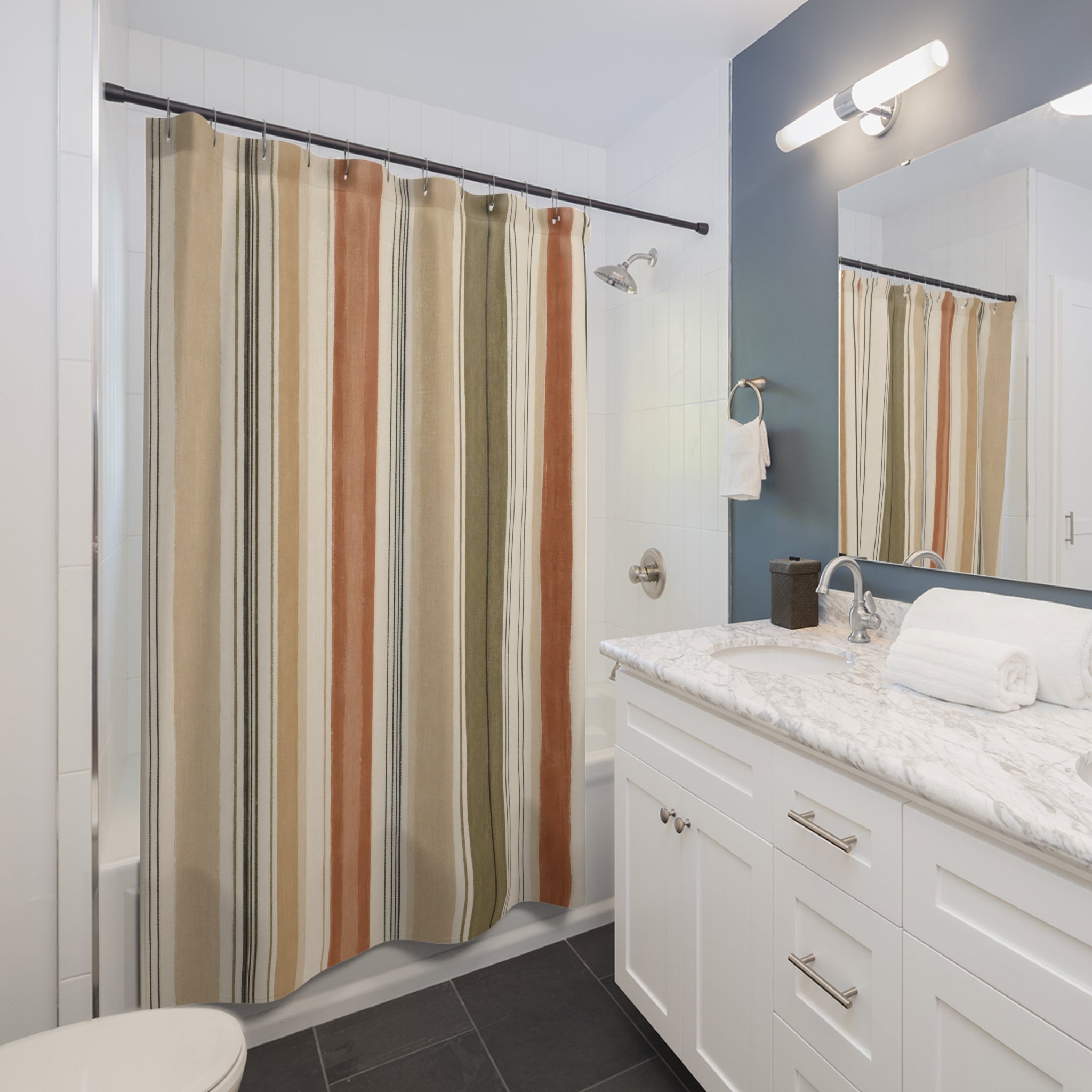 Olive Terracotta Neutral Stripe Shower Curtain