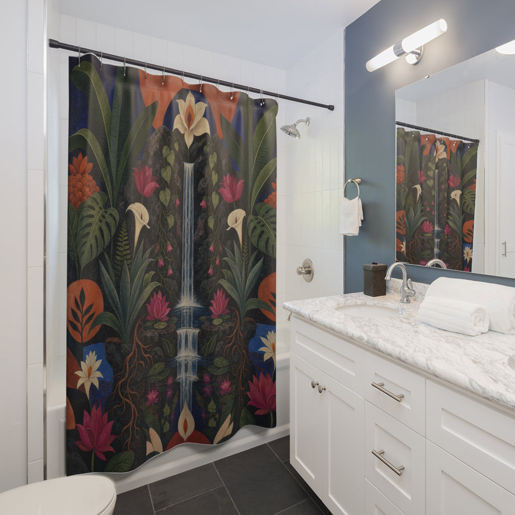 Dark Botanical Waterfall Print Shower Curtain