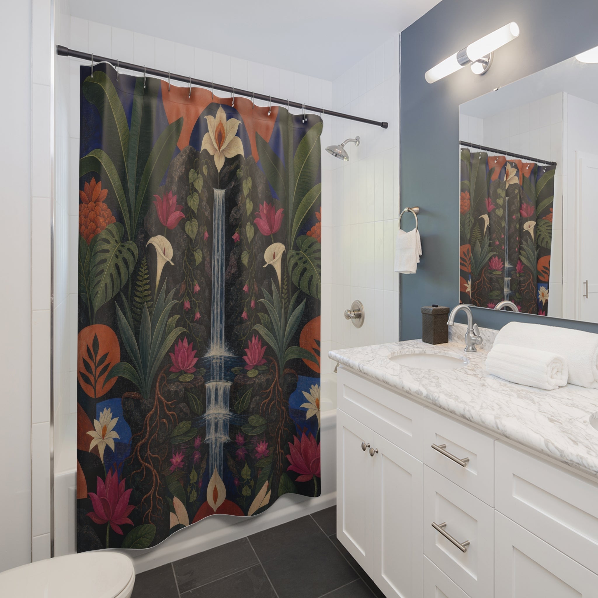 Dark Botanical Waterfall Print Shower Curtain