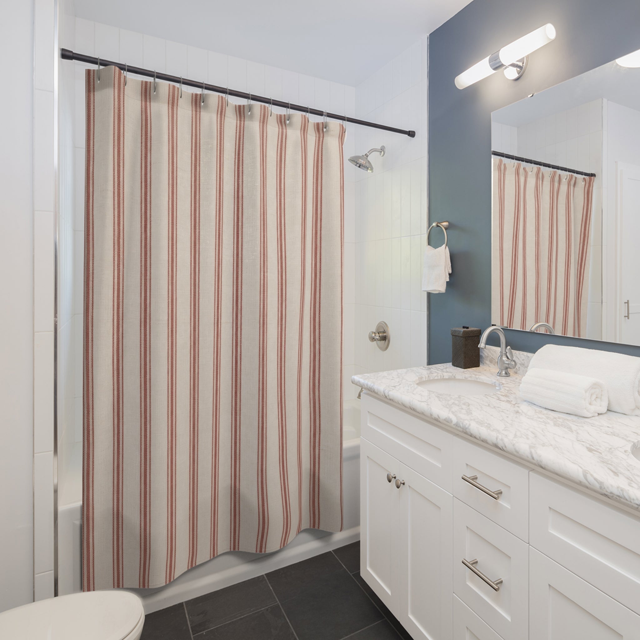 Red and White Striped Shower Curtain: Dense French Ticking