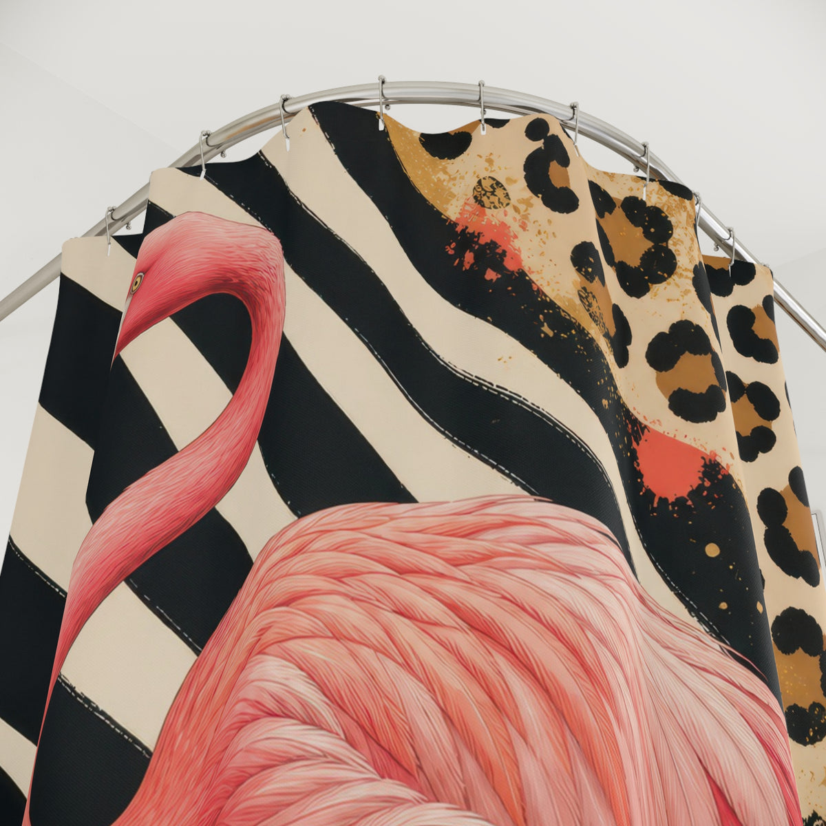 Pink flamingo striding across zebra and leopard patterns shower curtain with close-up print, hooks, and folds