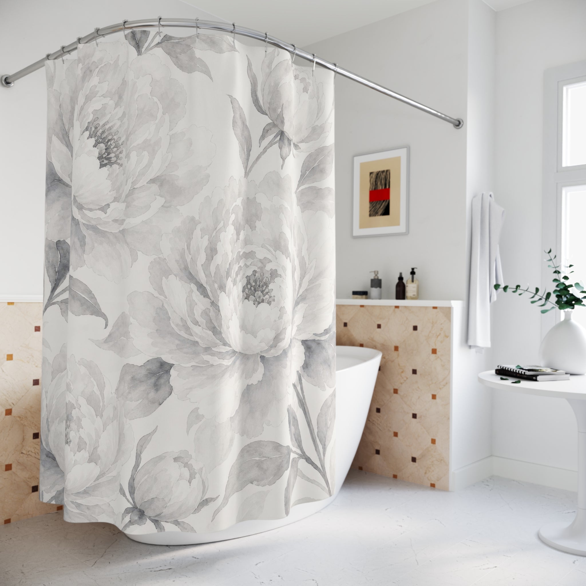 White Peony Floral Shower Curtain