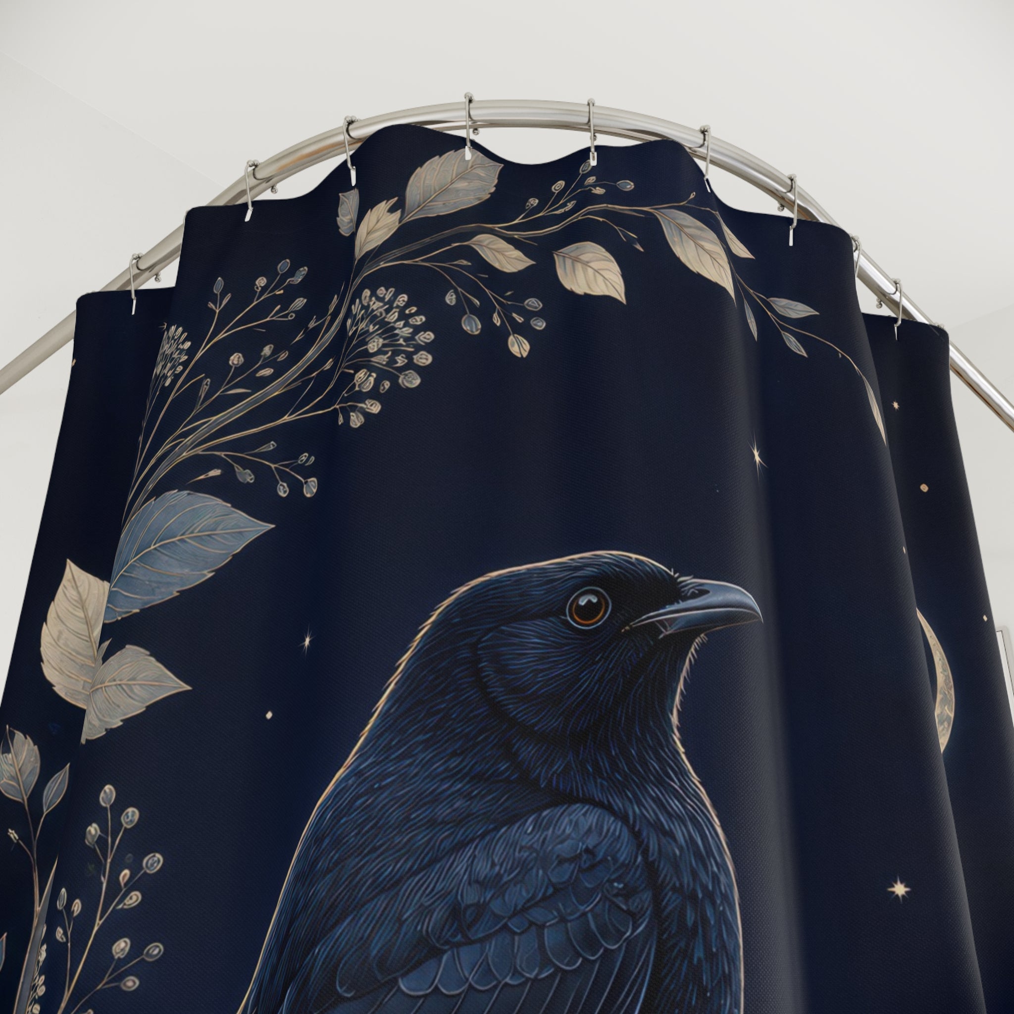 Blackbird framed by silver botanicals and a crescent moon shower curtain with close-up print, hooks, and folds