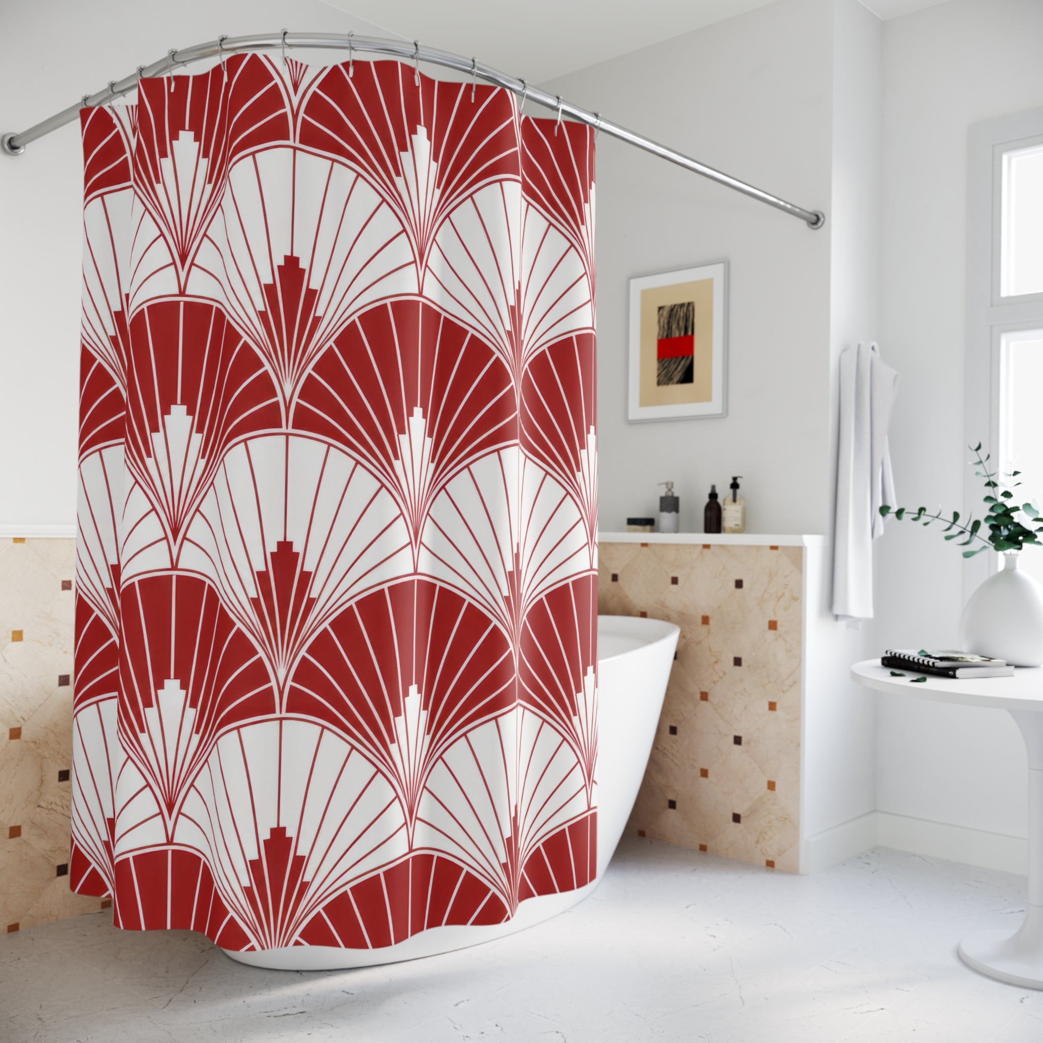Red White Art Deco Shower Curtain
