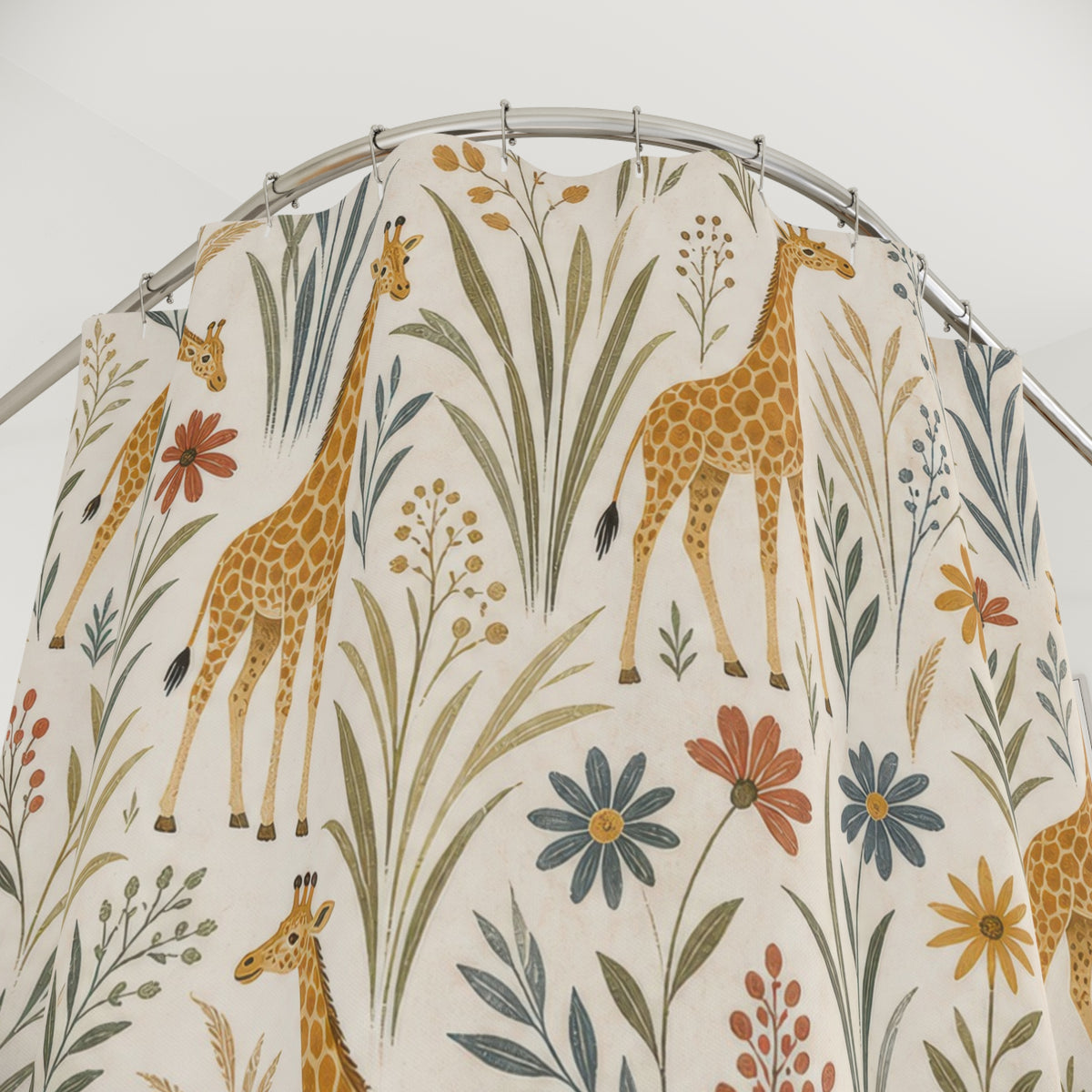 Botanical Safari Animal giraffe small shower curtain with close-up print, hooks, and folds
