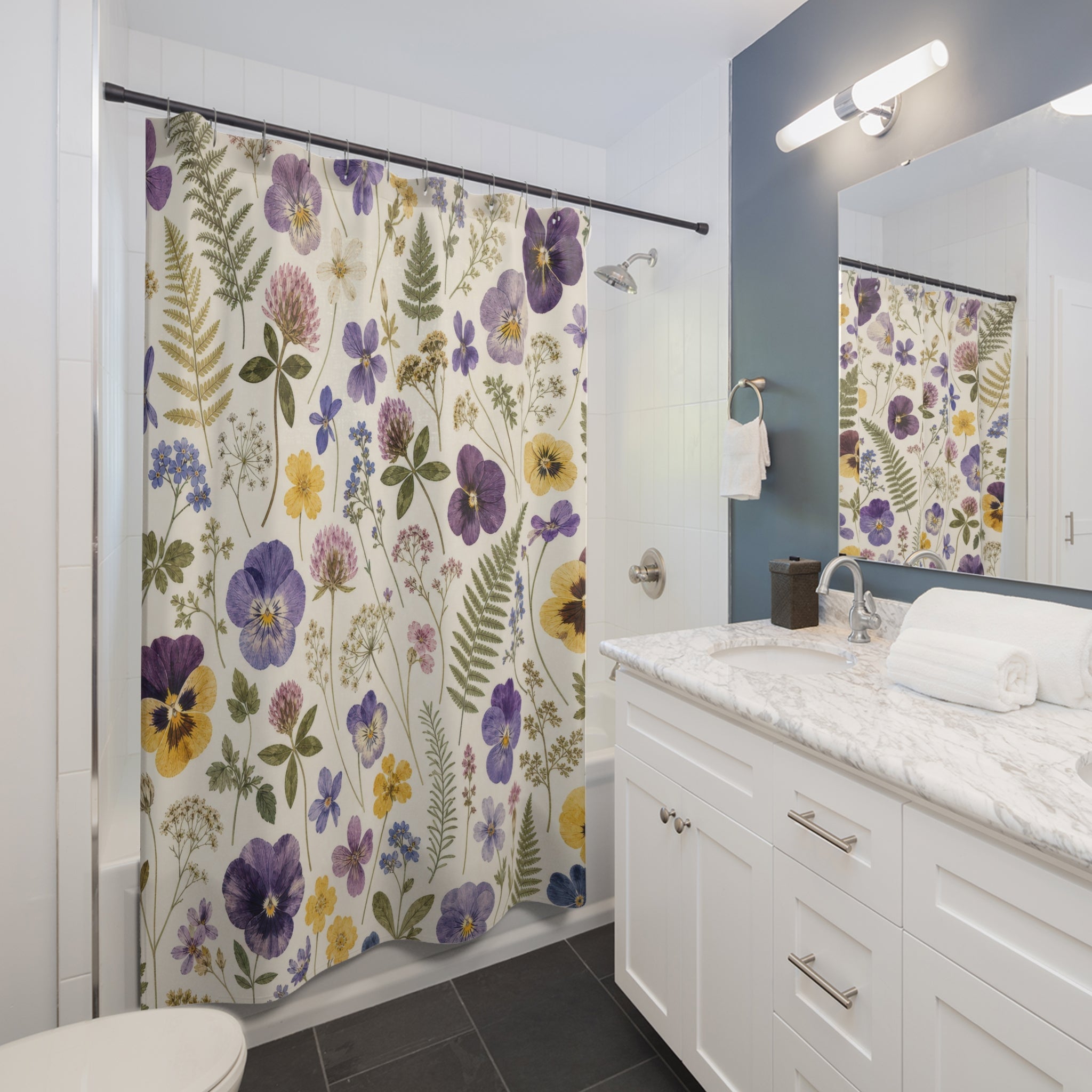 Purple Yellow Pansy Meadow Shower Curtain