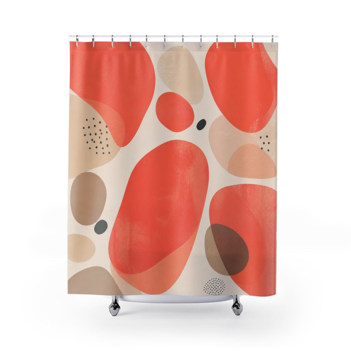 Coral organic pebbles with beige and charcoal accents shower curtain with full front view