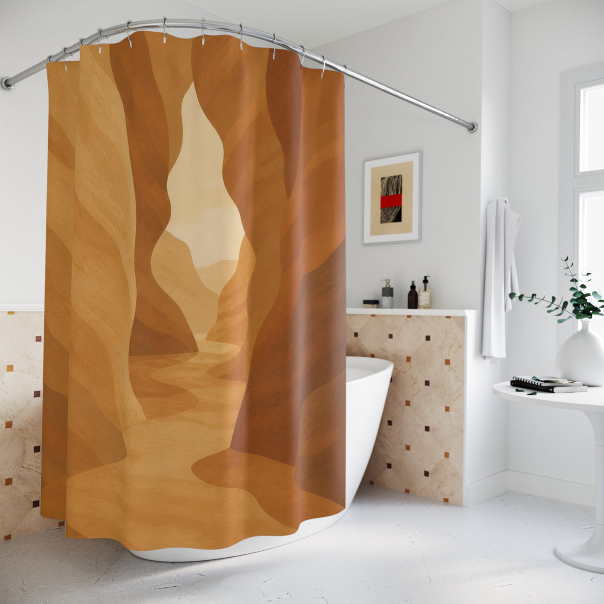 Tan desert canyon walls framing a sunlit keyhole passage shower curtain beside a freestanding tub