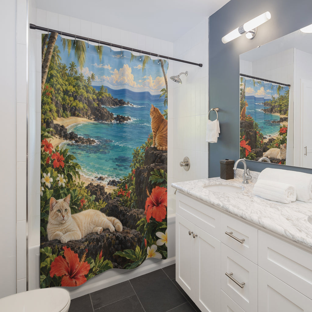 Hawaiian cats beside a turquoise cove shower curtain beside a white vanity