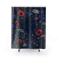 Midnight wild flower border with red poppies and blue cornflowers shower curtain with full front view