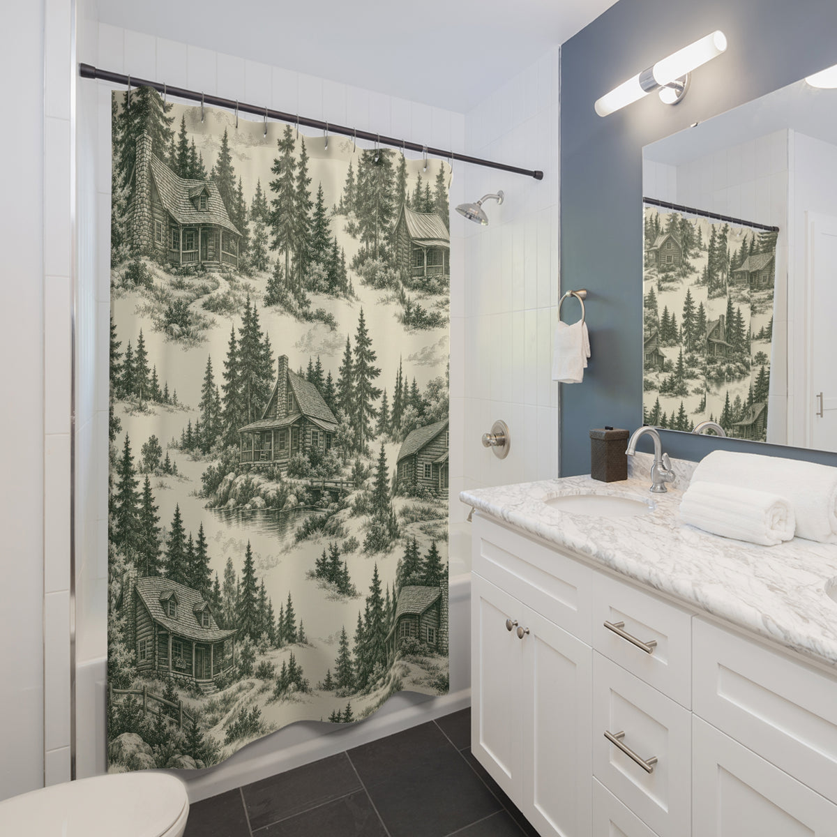 Forest green woodland cabin toile shower curtain beside a white vanity