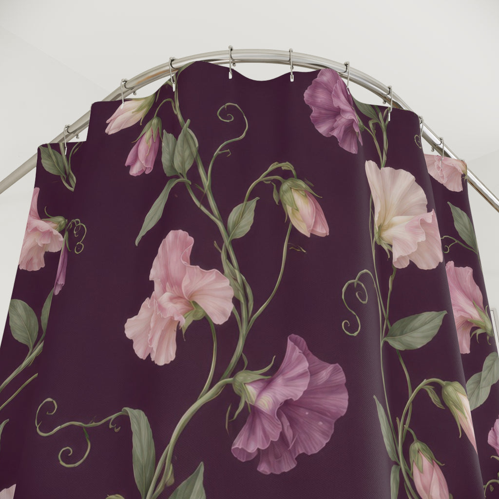 Pink sweet pea vines on plum with sage leaves shower curtain with close-up print, hooks, and folds