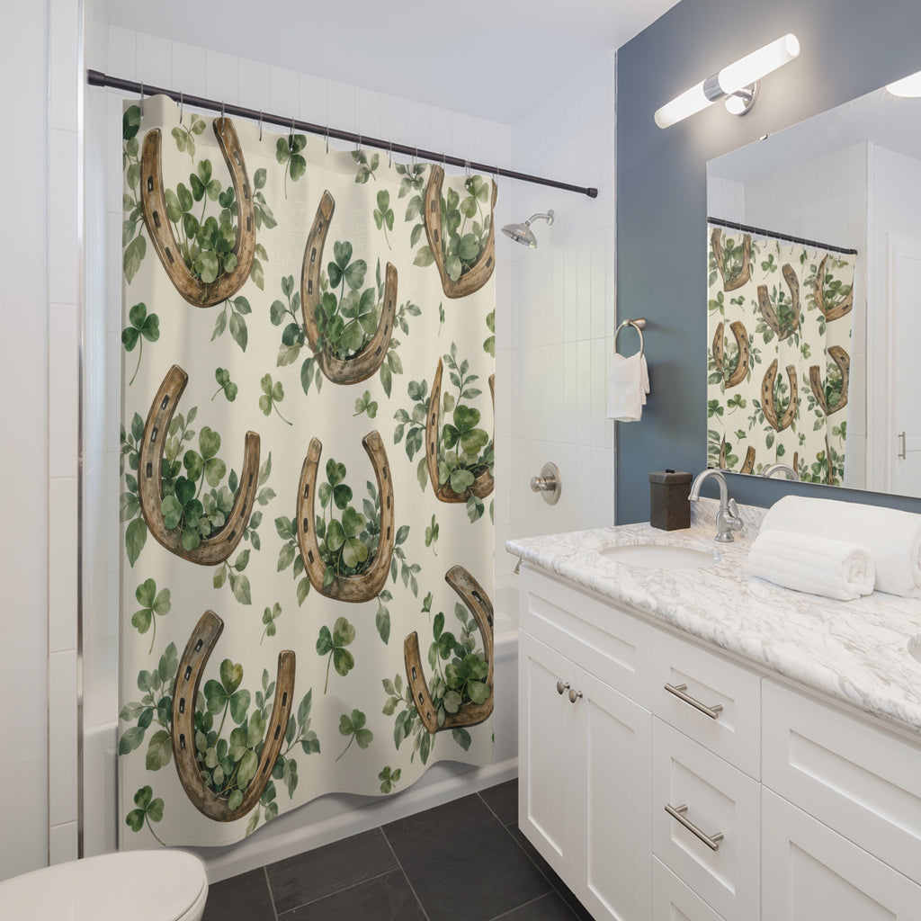 Brown horseshoes with sage clovers on cream shower curtain beside a white vanity