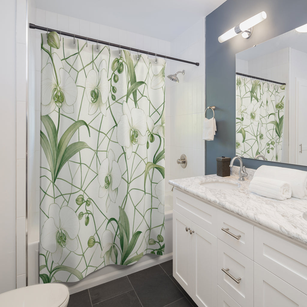 Green White Orchid Vine Shower Curtain