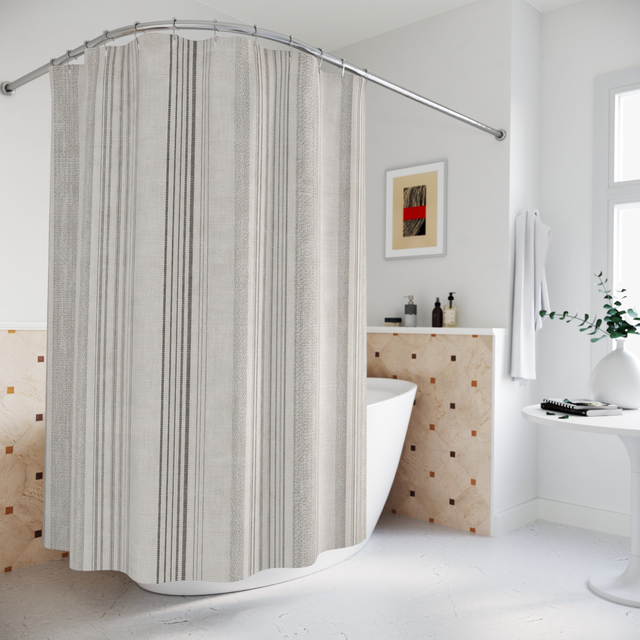 Striped Shower Curtain, Grey Stripe Bath Decor, Gray Cream Vertical Pinstripe Pattern, Classic Guest Bathroom Decor, Tailored Neutral Style