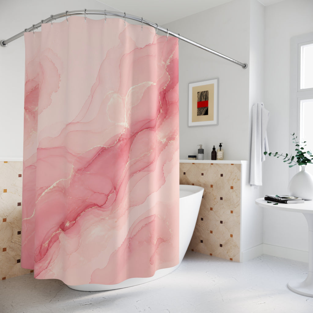 Flowing blush pink ink with rose and ivory swirls shower curtain beside a freestanding tub
