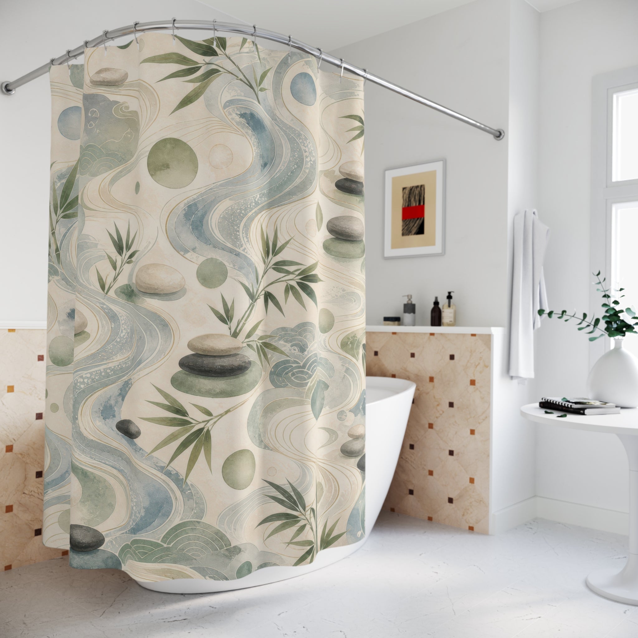 Feng Shui Shower Curtain, Jade Green Water Bamboo Bath Decor, Pebble Pattern, Zen Nature Inspired Guest Bathroom Spa Decor, Calm Spa Style