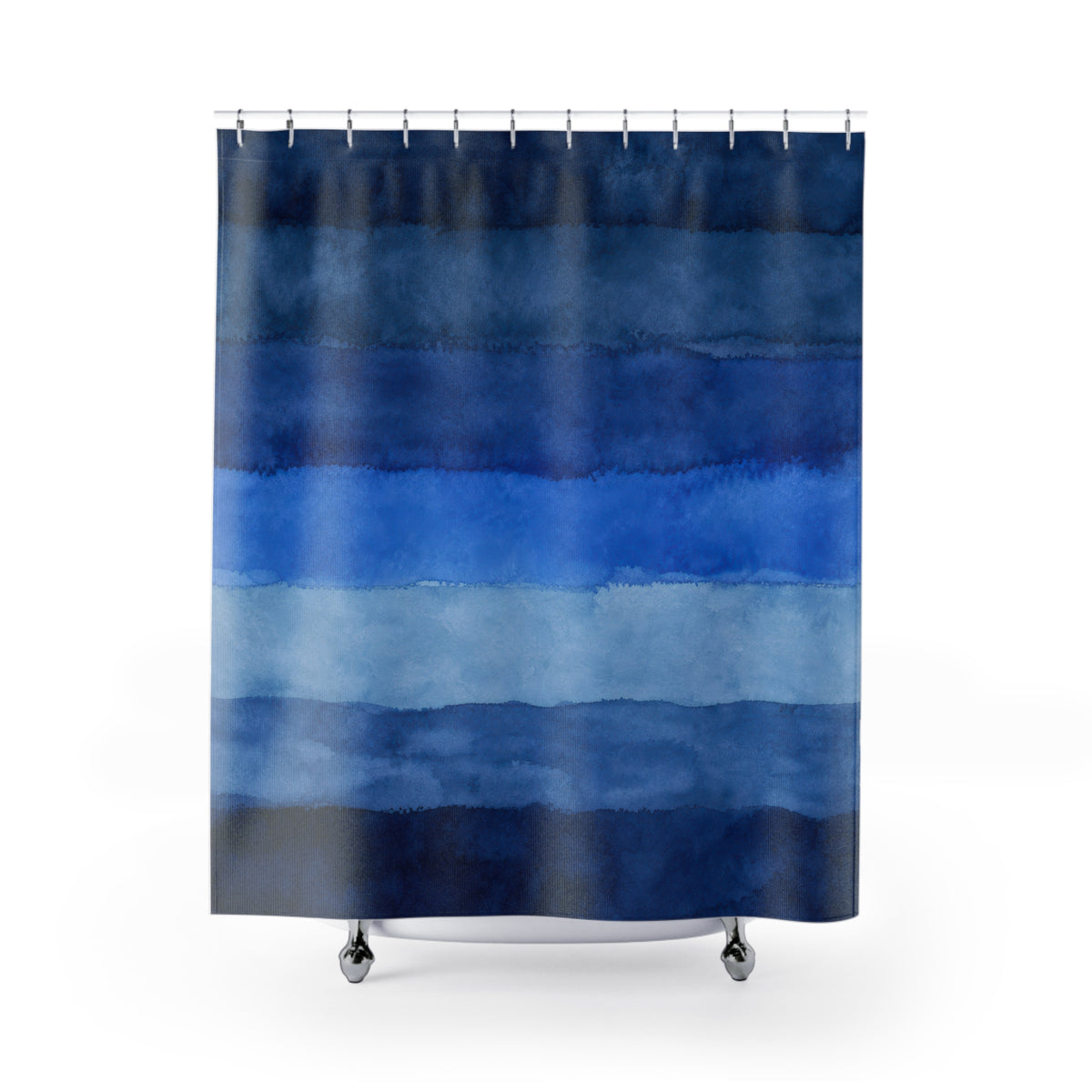 Navy Cobalt Horizontal Watercolor Bands shower curtain with full front view