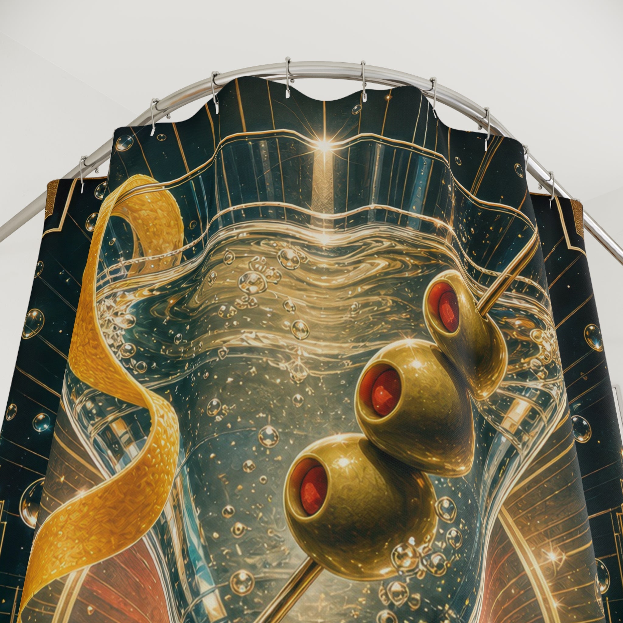 Unique Martini Shower Curtain, Art Deco Cocktail Glass Art, Gold Teal Bar Bathroom Decor, Glam Powder Room Guest Bath Gift For Home