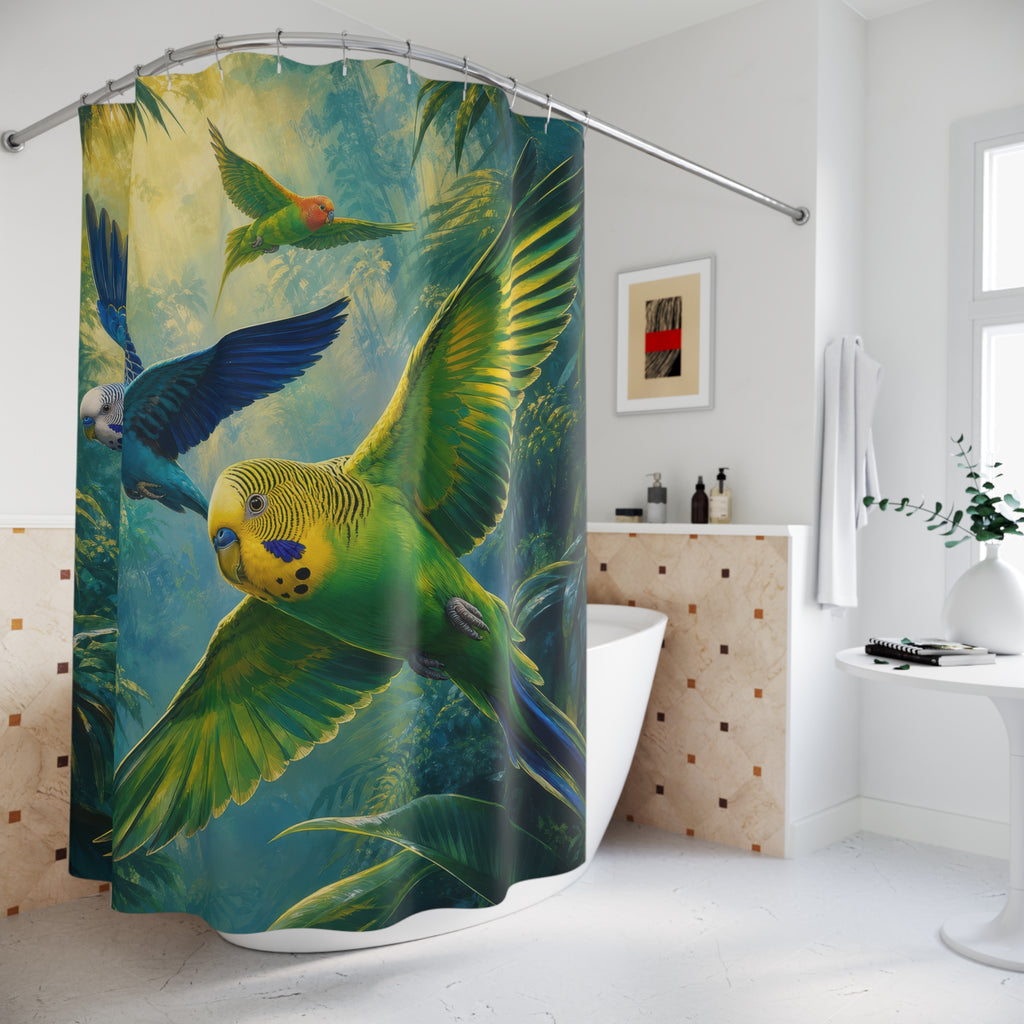 Misty Parakeet Flight shower curtain beside a freestanding tub