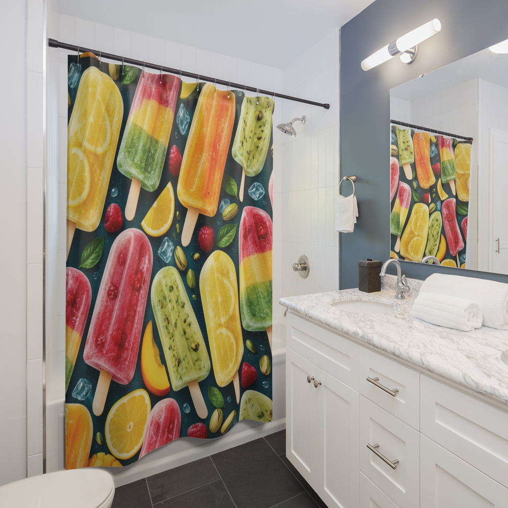 Pink, yellow and green ice pops with fruit on deep teal shower curtain beside a white vanity