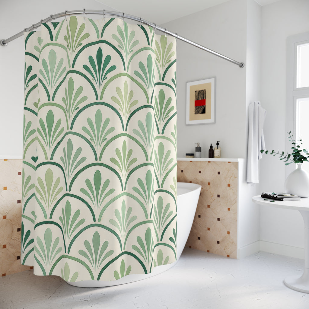 Green Scallop Shower Curtain, Sage Mint Art Deco Fan Pattern, Botanical Bath Decor, Soft Geometric Guest Bathroom Accent, Spa Green
