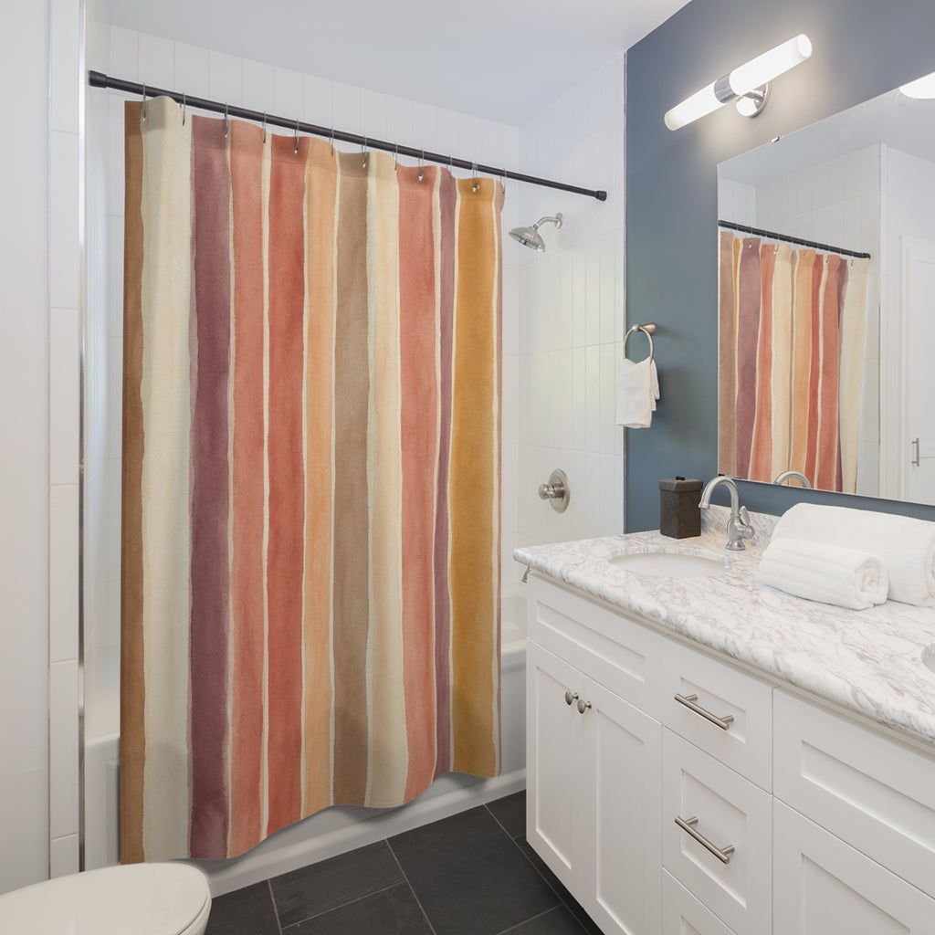 Sage Blue Rust Mustard Vertical Stripe Shower Curtain