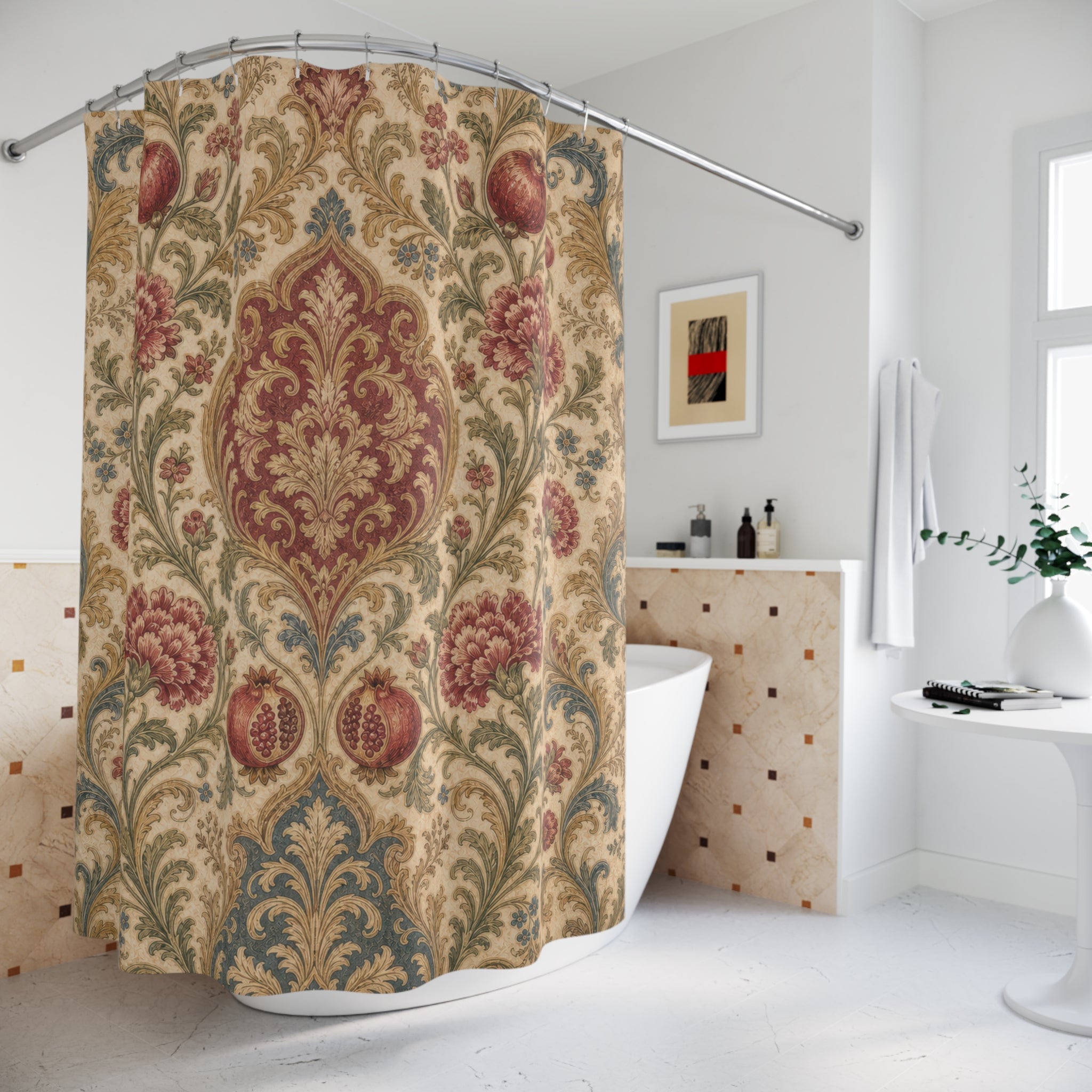 Red Floral Damask Shower Curtain