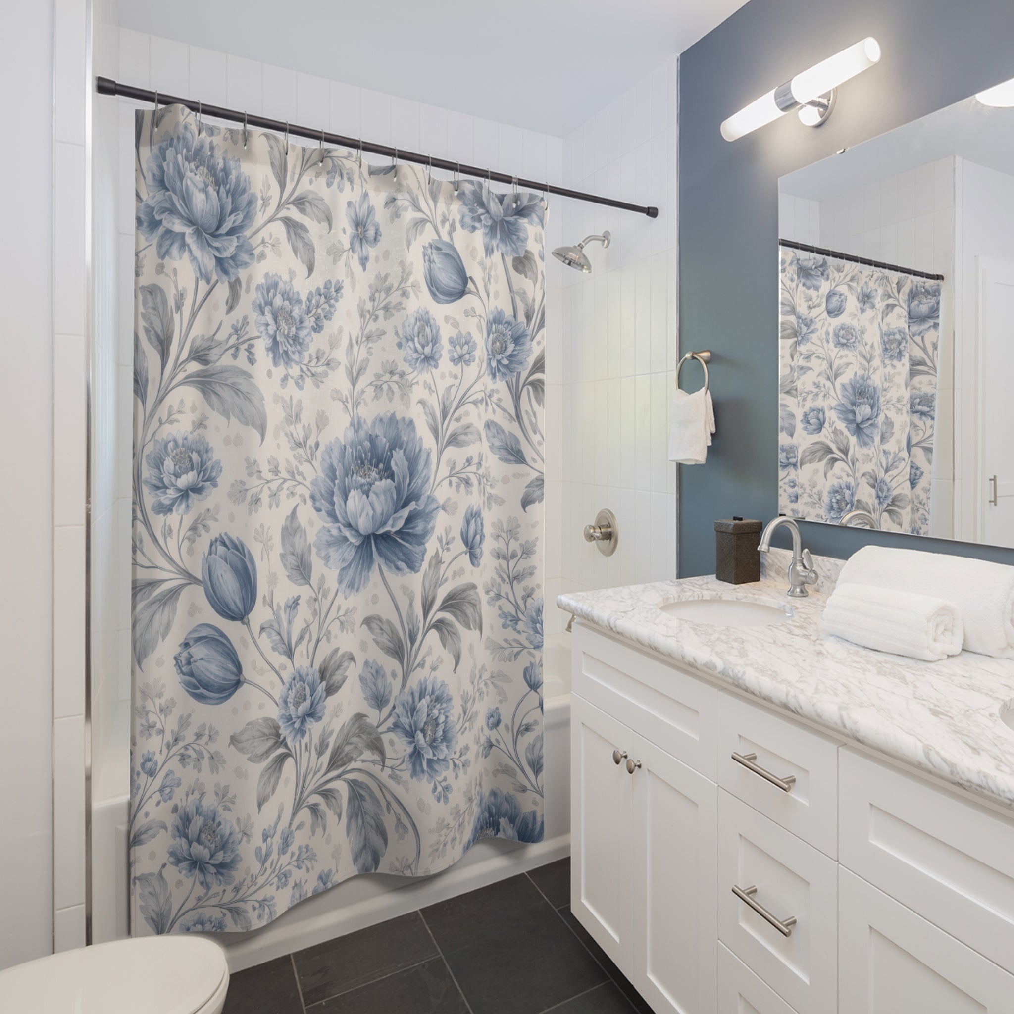 Blue Flower Shower Curtain – Dusty Blue and Ivory