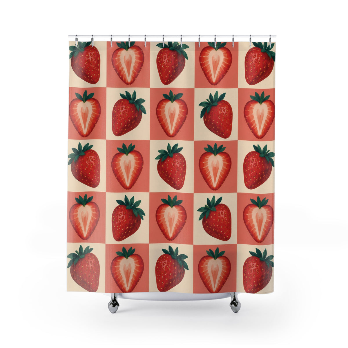 Red strawberries on coral and cream checks shower curtain with full front view