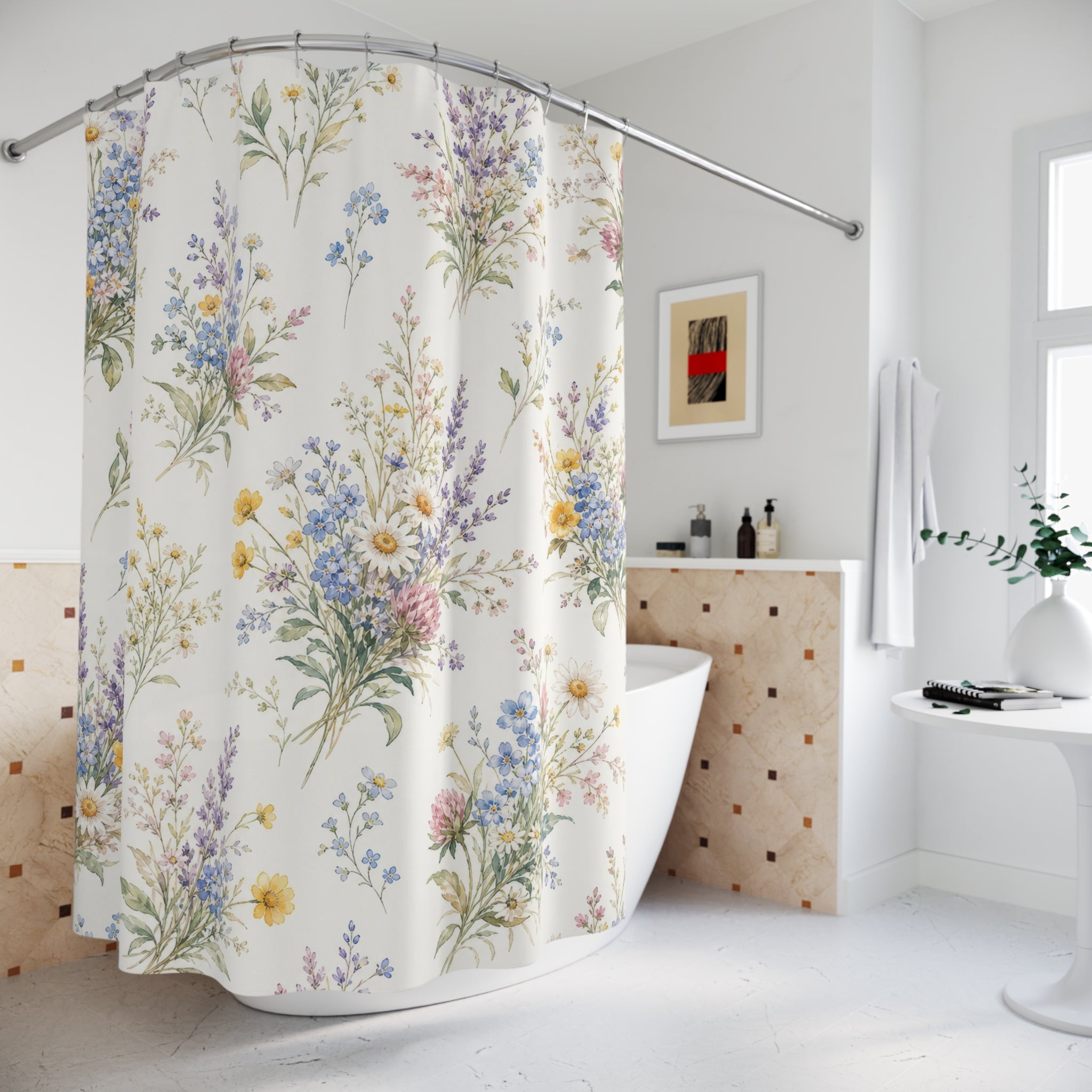 Blue Pink Wildflower Spray Shower Curtain