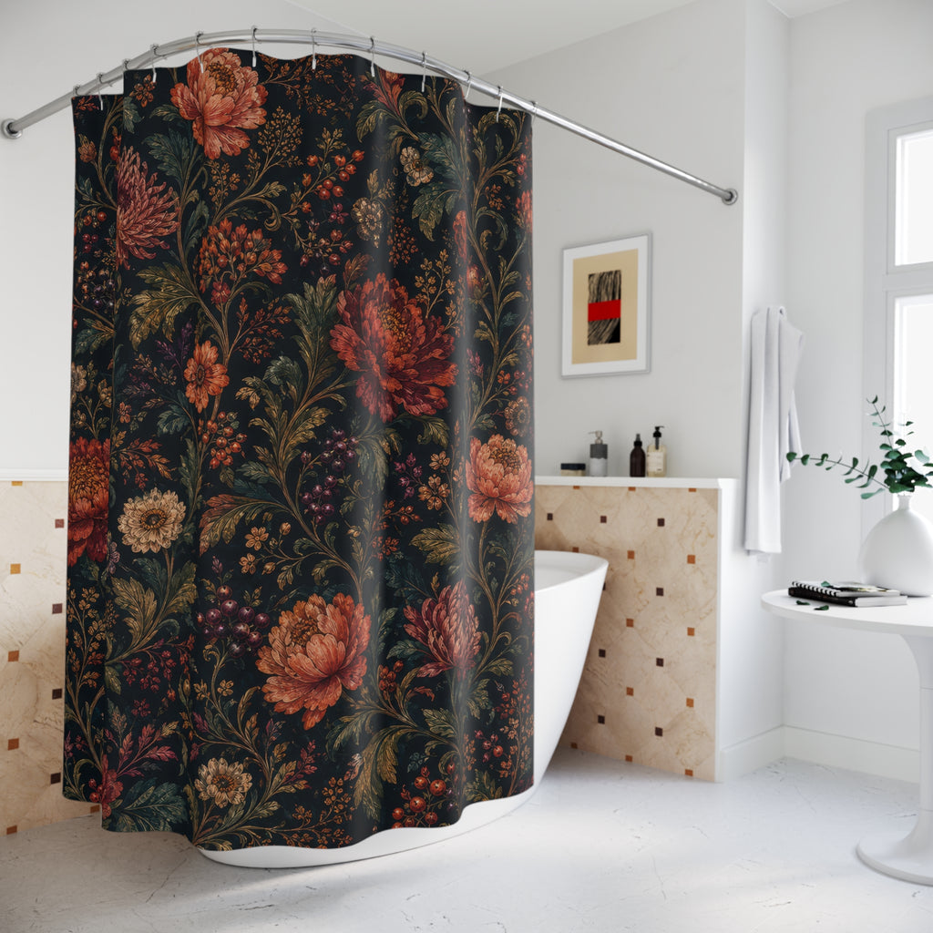 Teal Boho Chrysanthemum Dark Floral Shower Curtain