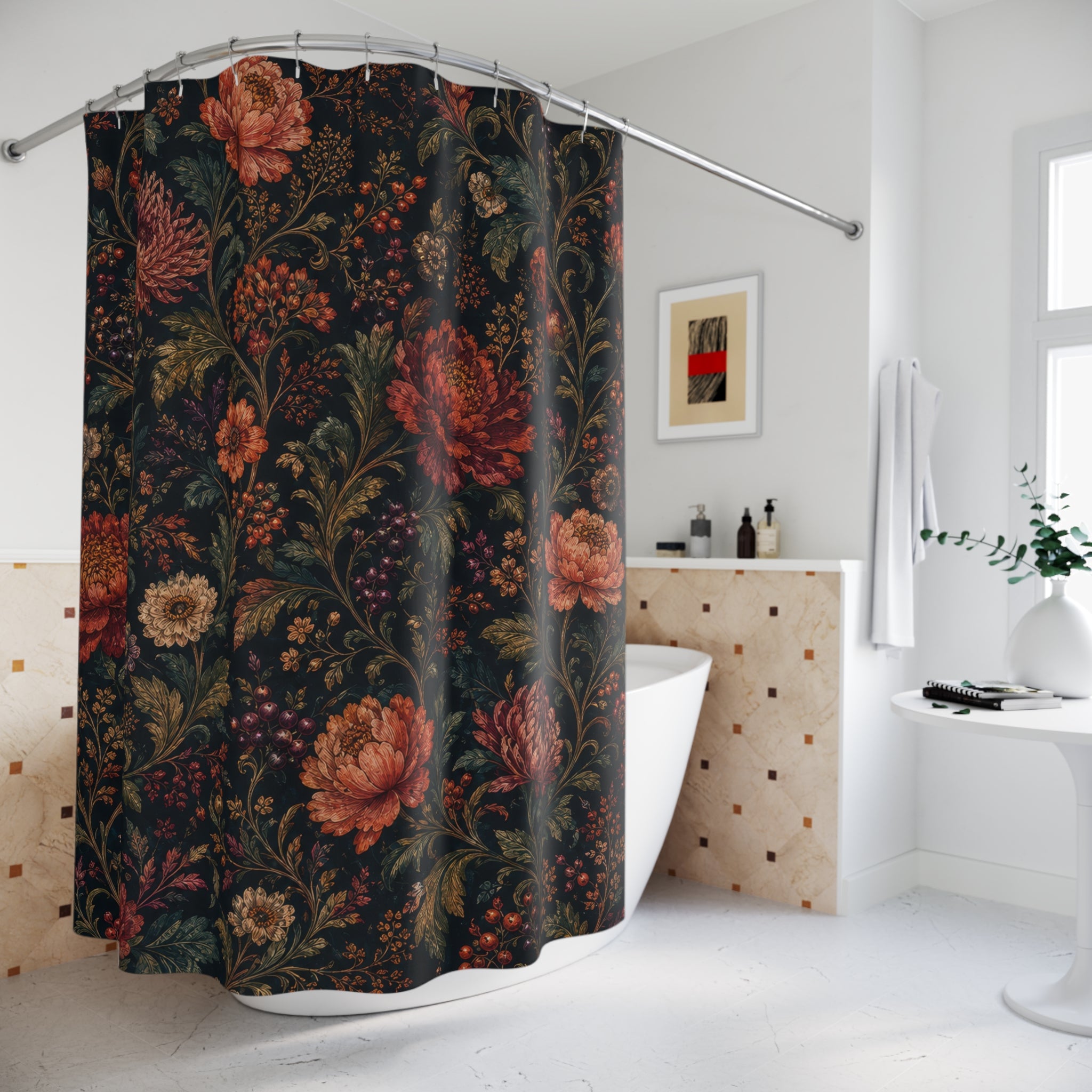 Teal Boho Chrysanthemum Dark Floral Shower Curtain