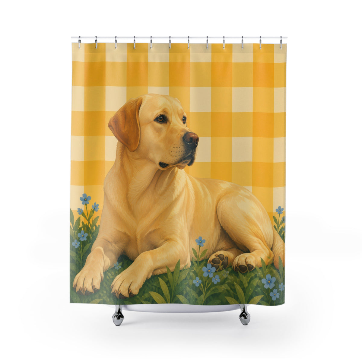 Reclining yellow Labrador on sunny gingham meadow shower curtain with full front view