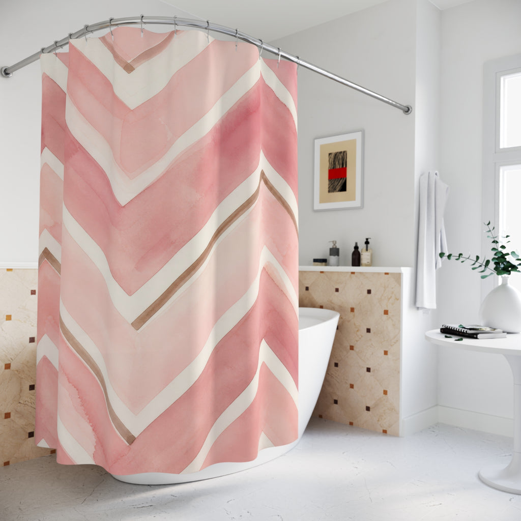 Painted blush pink and ivory chevrons with tan accents shower curtain beside a freestanding tub