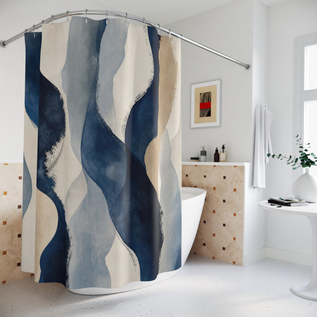 Navy Beige Watercolor Wave Stripe Shower Curtain