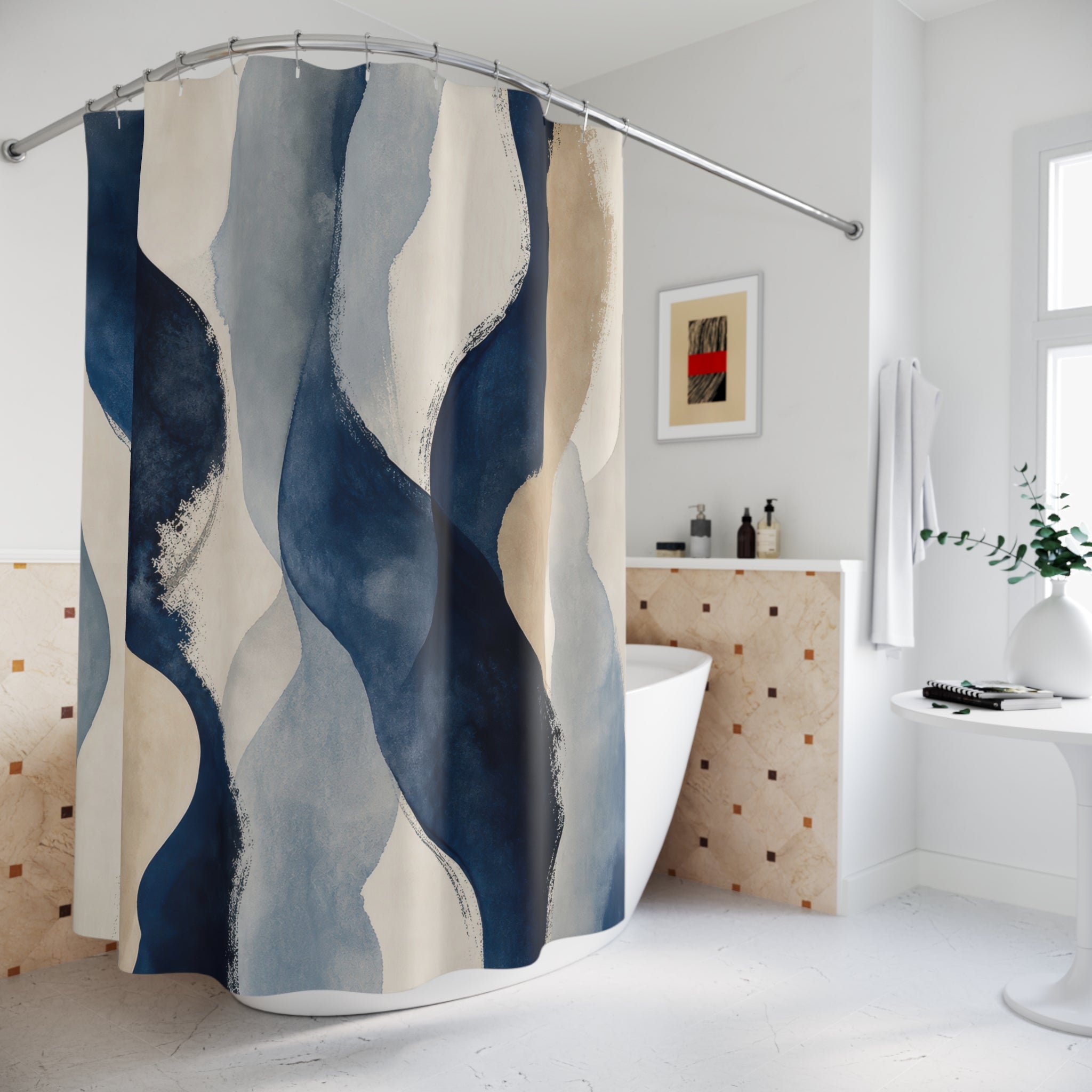 Navy Beige Watercolor Wave Stripe Shower Curtain