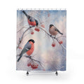 Rosy bullfinches on frosted berries shower curtain with full front view