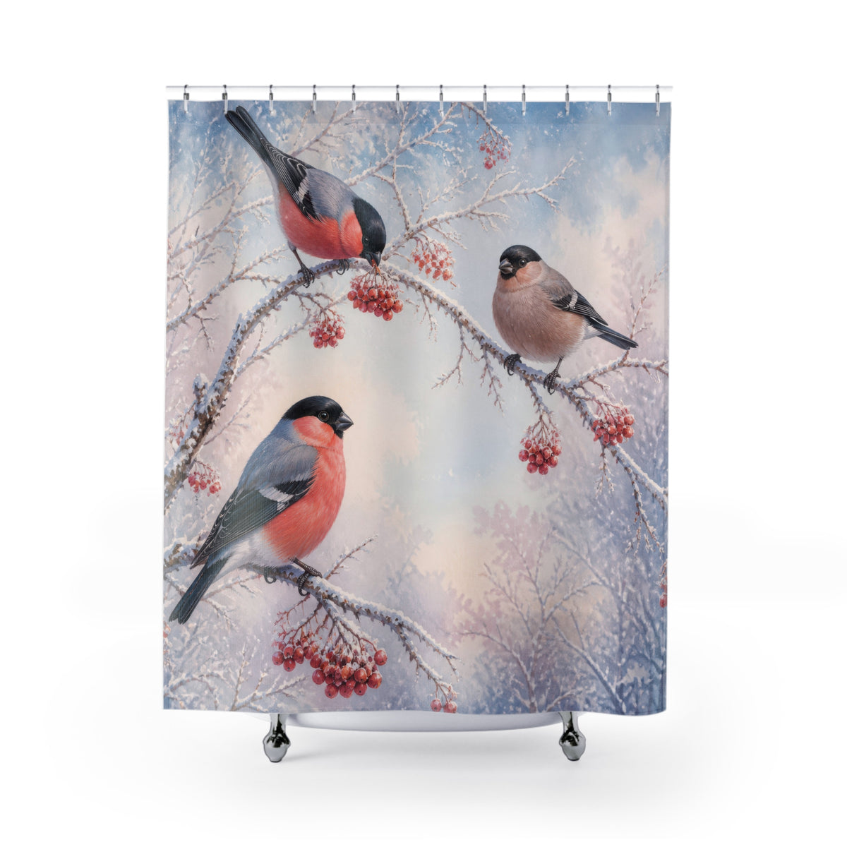 Rosy bullfinches on frosted berries shower curtain with full front view