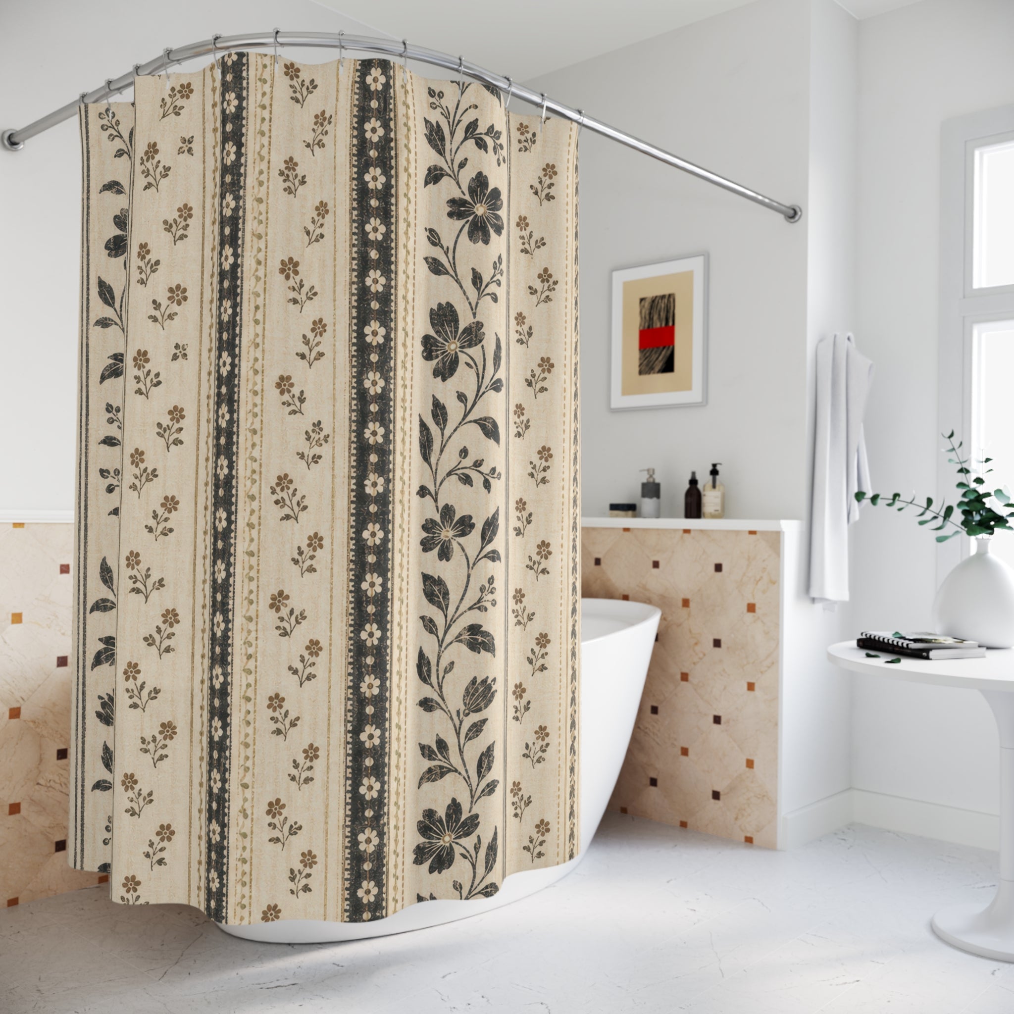Coffee Cream Floral Stripe Shower Curtain