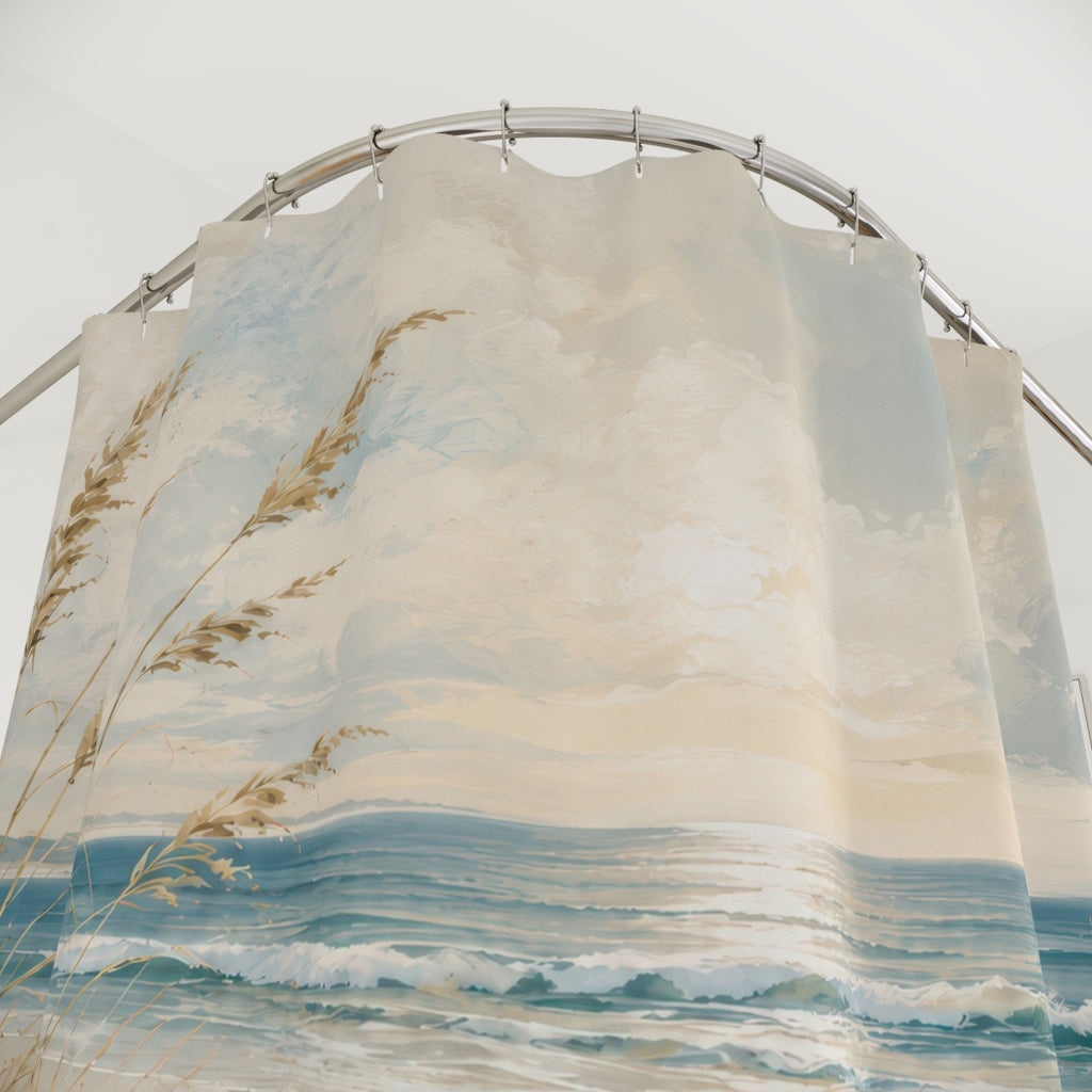 Blue Beige Shower Curtain: Coastal Beach Ocean Scene