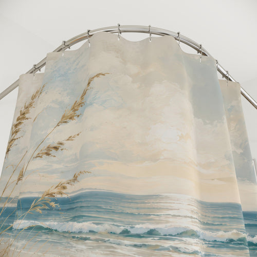 Blue Beige Shower Curtain: Coastal Beach Ocean Scene