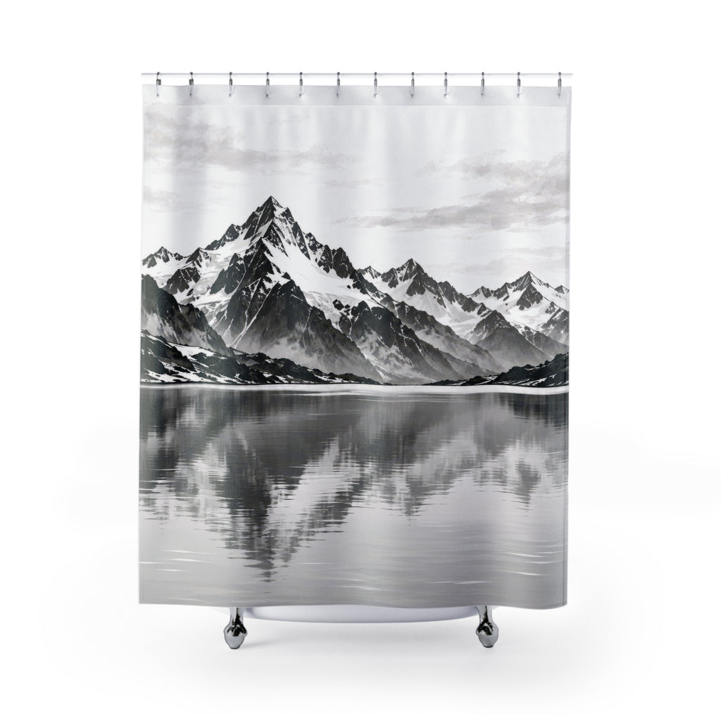 Snowy black and gray mountains reflected in a pale lake shower curtain with full front view