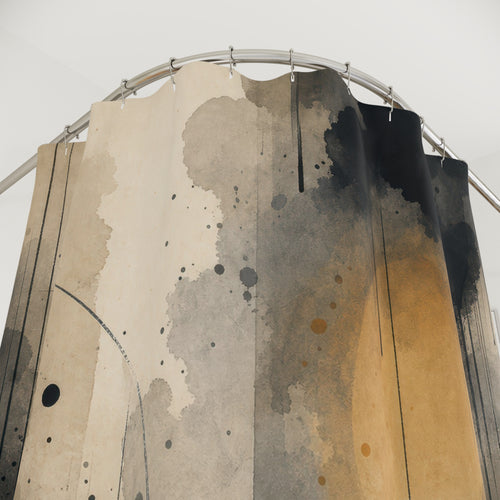 Abstract Noir Black and White shower curtain with close-up print, hooks, and folds