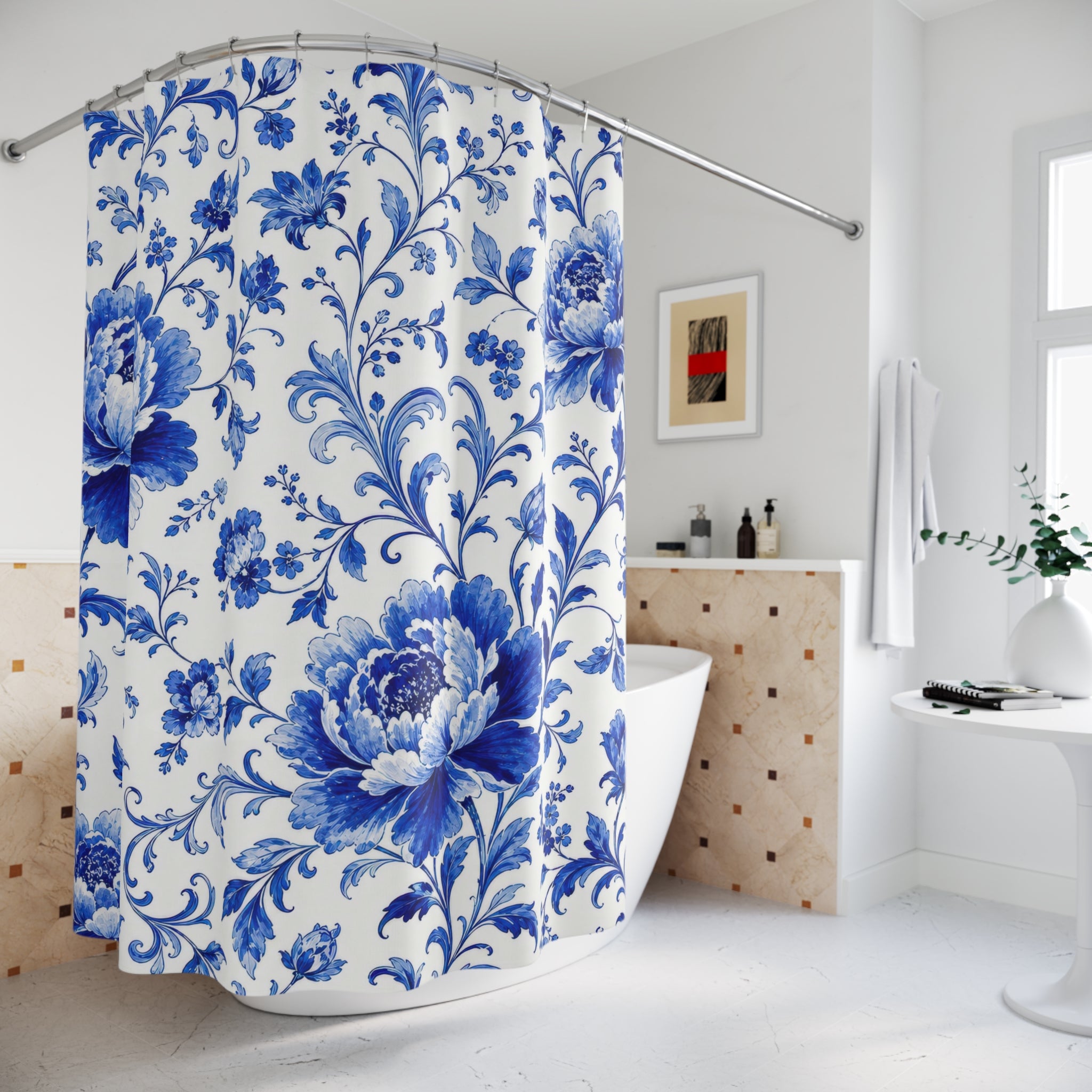 Cobalt Blue Porcelain Floral Shower Curtain