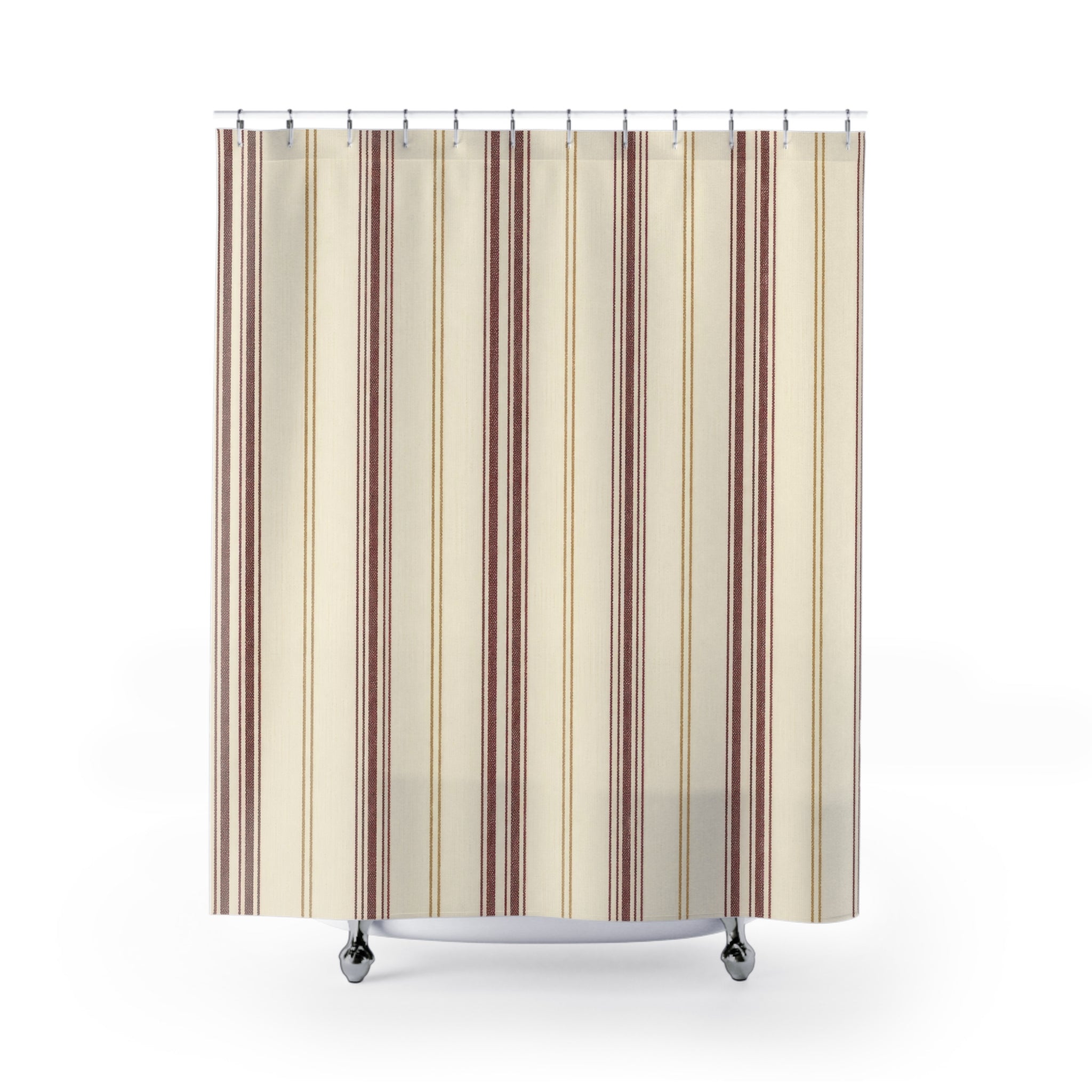 Burgundy Ticking Stripe Shower Curtain, Cream Farmhouse Bathroom Decor, Red Stripe Bath Curtain, Guest Bathroom Decor, Small Bathroom Decor