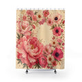 Pink peonies in a celestial floral orbit shower curtain with full front view