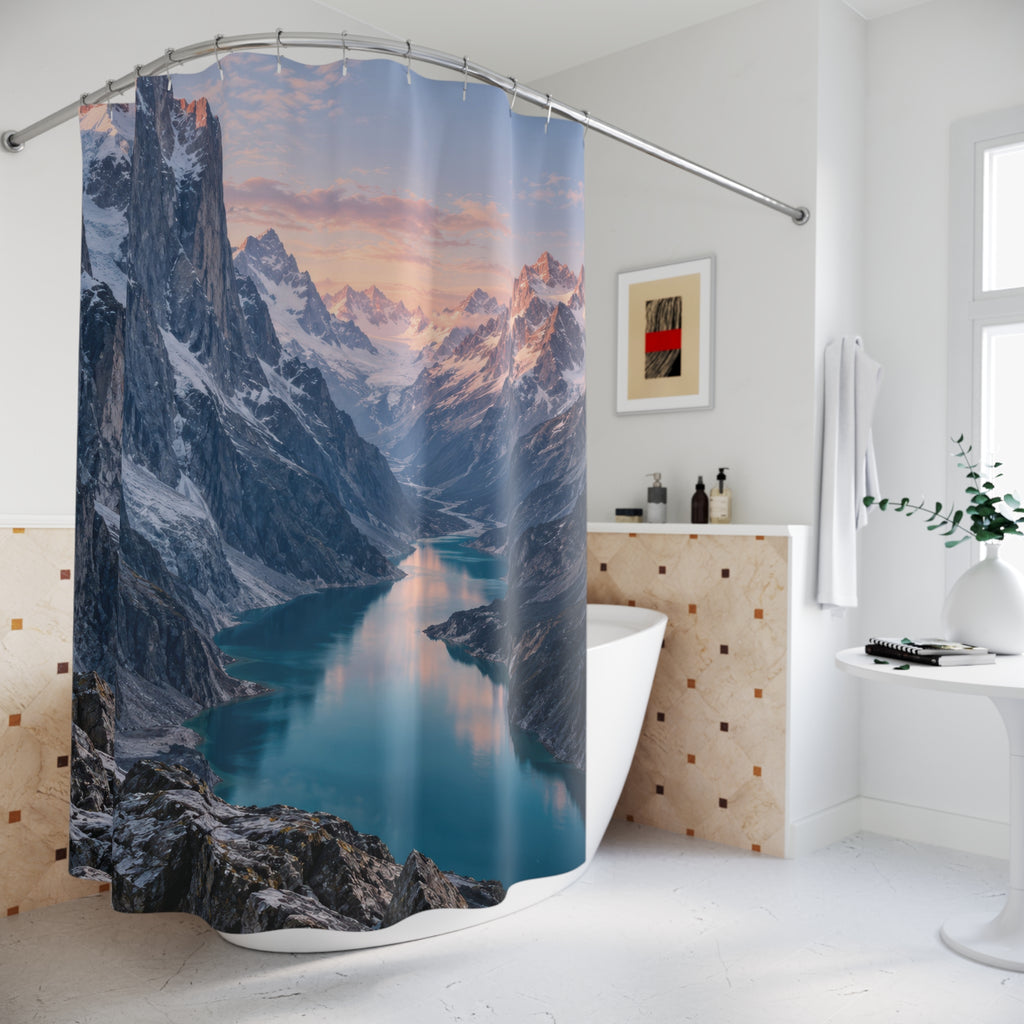 Rose-lit snowy mountains above a turquoise glacial lake shower curtain beside a freestanding tub