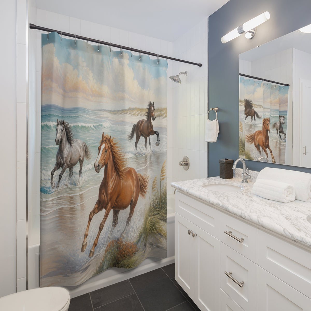 Three wild horses galloping through coastal surf shower curtain beside a white vanity
